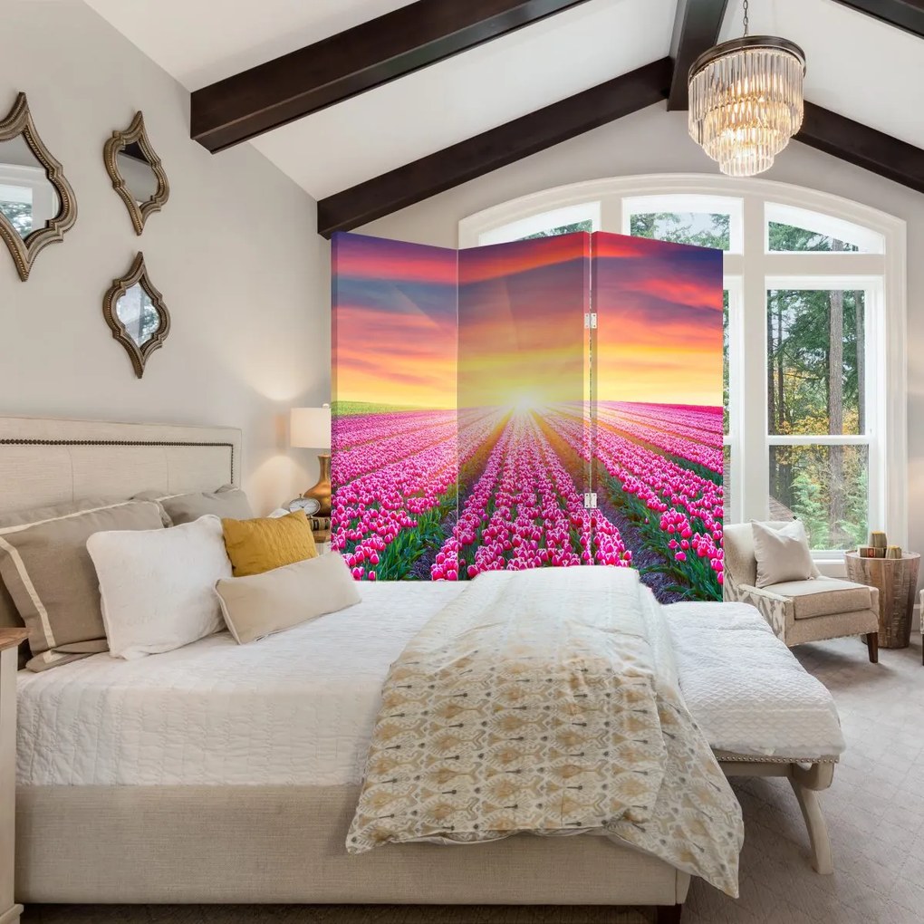Parawan - Pole tulipanów ze Słońcem (126x170 cm)