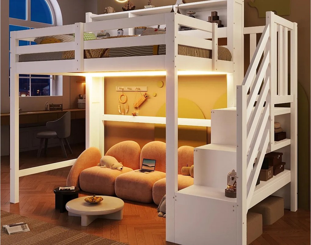 Łóżko na antresoli 90x200cm - z oświetleniem LED - z drabiną z pojemnikami - Biały​ (materac nie jest wliczony w cenę)