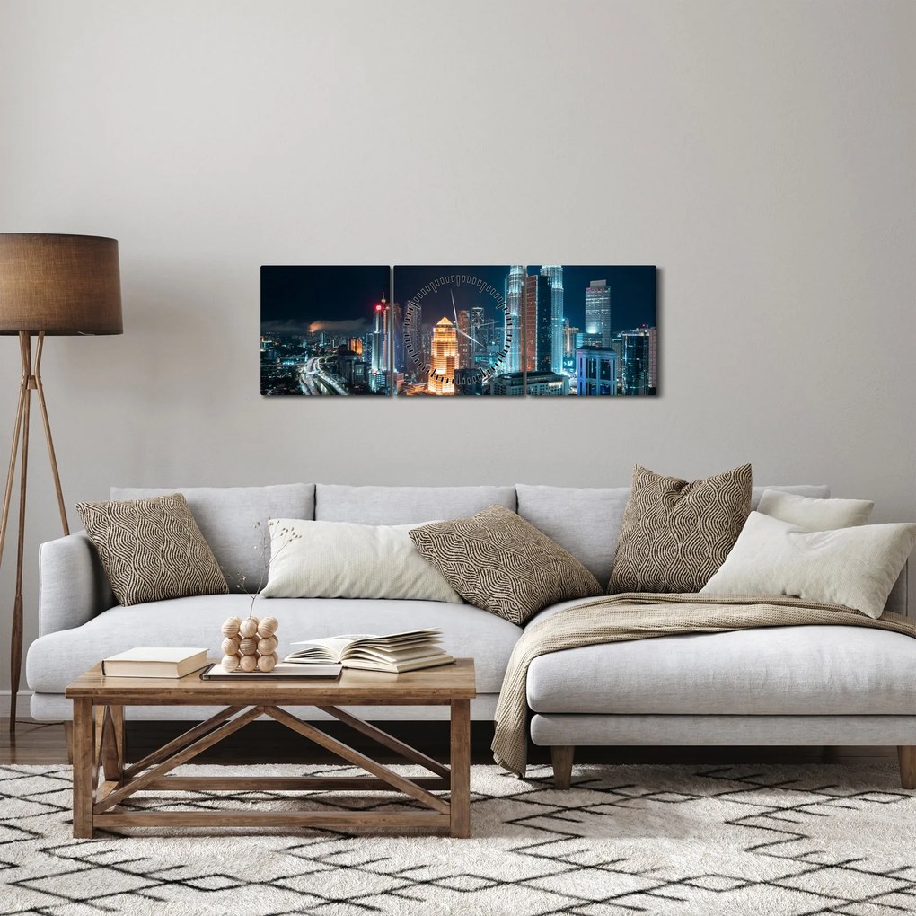 Obraz - Noc w Kuala Lumpur (z zegarem) (90x30 cm)
