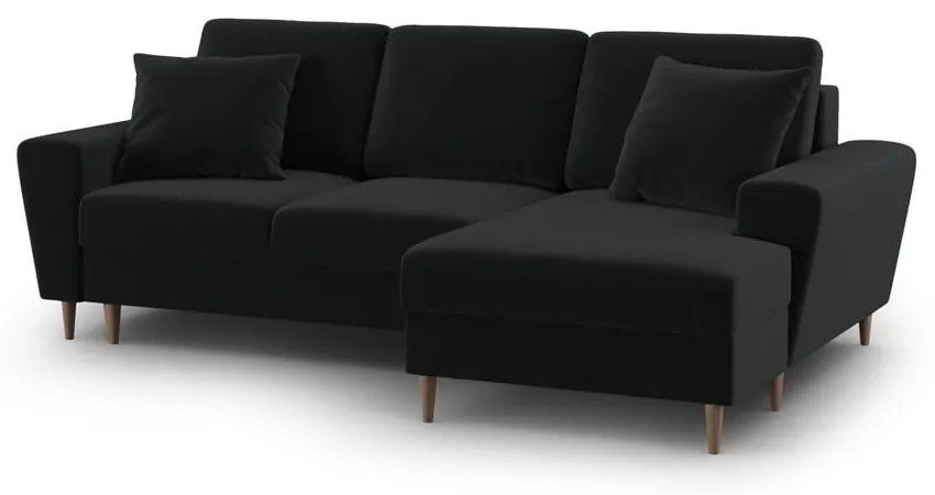 Czarny aksamitny rozkładany/ze schowkiem narożnik (prawostronny/z szezlongiem) Kyoto – Cosmopolitan Design
