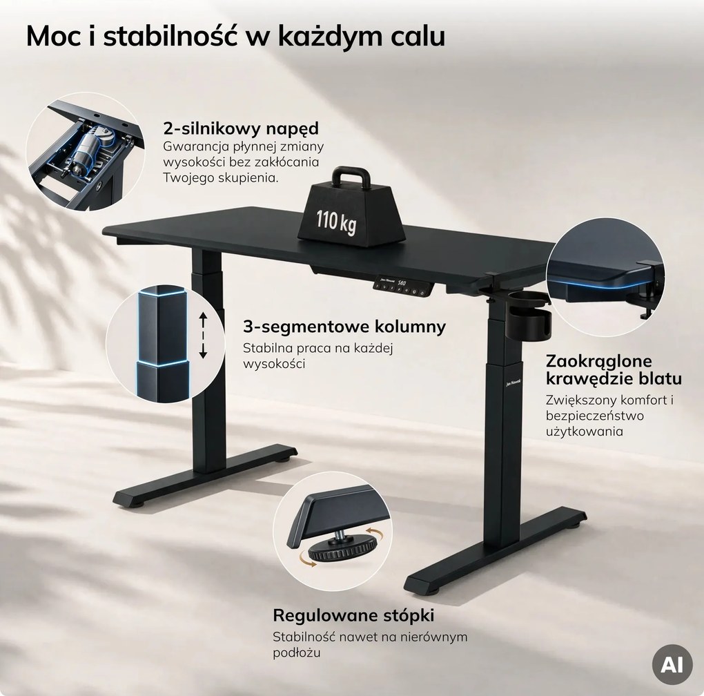 Biurko elektryczne z regulacją wysokości ergonomiczne antracytowe,1200x600 mm: ARIA