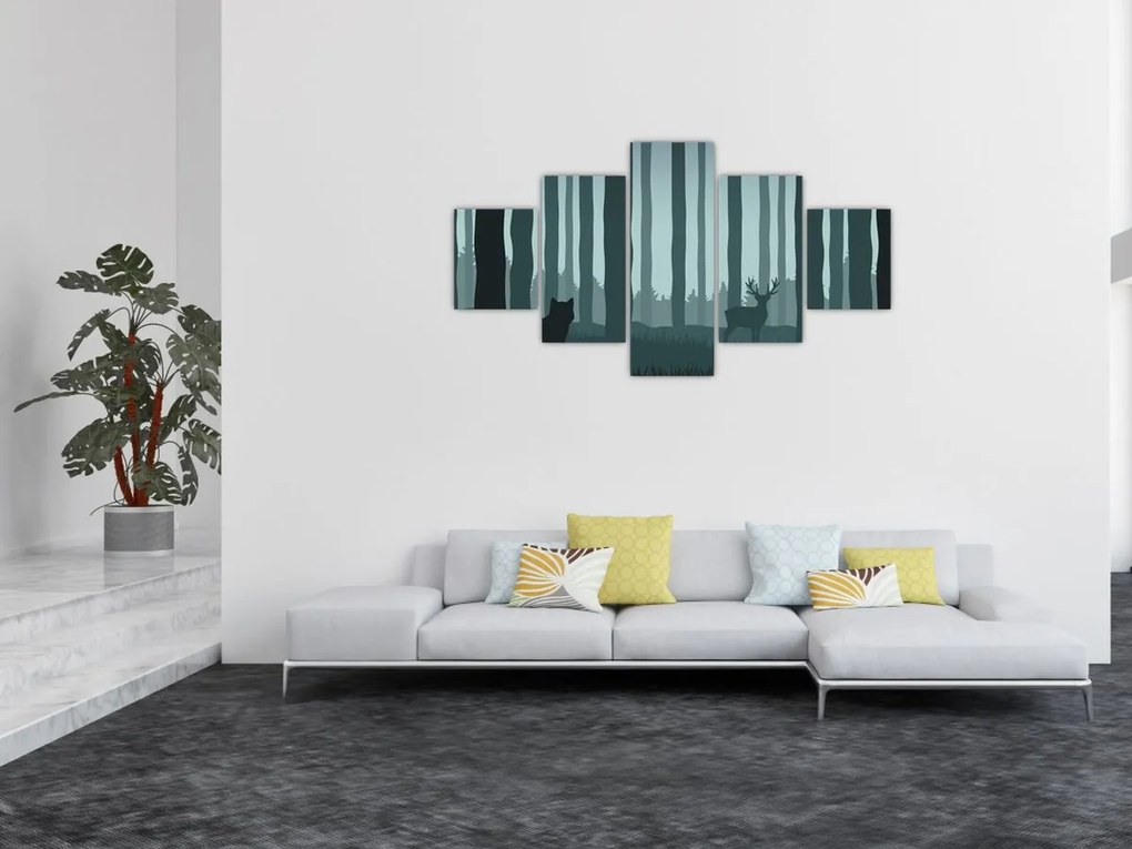 Obraz - Jeleń z wilkiem w skałach (125x70 cm)