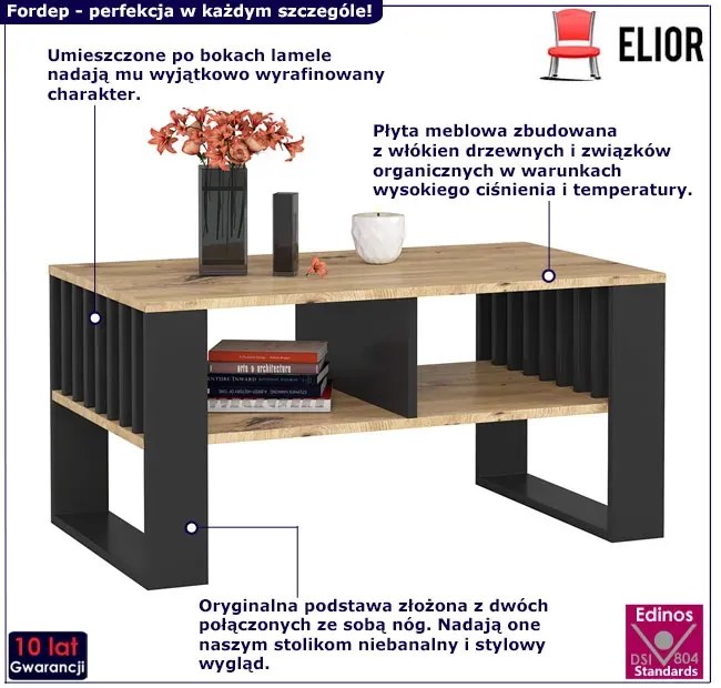 Stolik kawowy z lamelami i otwartymi półkami czarny + dąb artisan - Karlos 4X