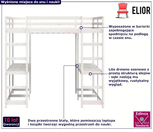 Białe łóżko na antresoli z podwójnym biurkiem 140x200 Gindo