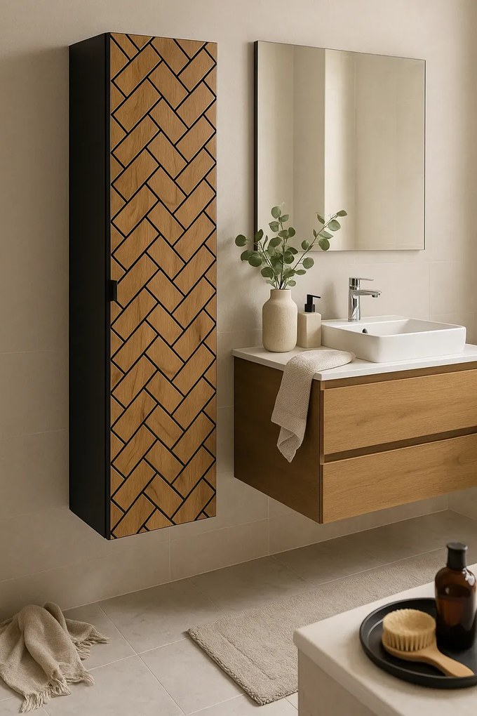 Wiszący słupek łazienkowy czarny + dąb craft złoty N4-B88