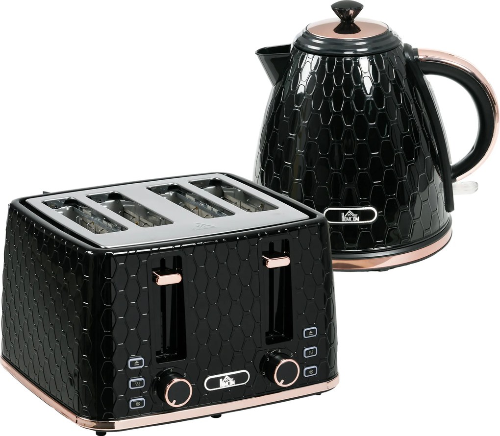 HOMCOM Zestaw kuchenny 2-w-1, toster i czajnik, kilka opcji, 1,7 L, 4 kromki jednocześnie, plastikowy, czarny