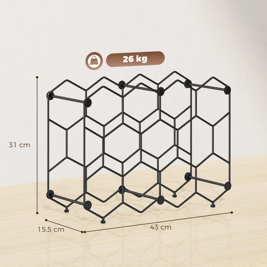 HOMCOM Stojak na wino na 13 butelek z designem plastra miodu, regulowanymi nóżkami, zabezpieczeniem przed przewróceniem, metalowy, 43 x 15,5 x 31 cm, czarny | Aosom PL