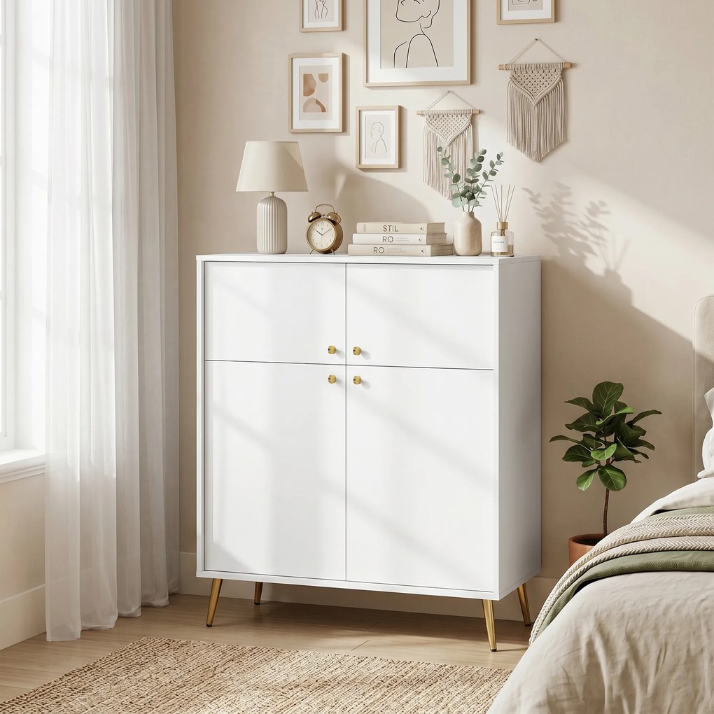 HOMCOM Nowoczesny sideboard, bufet 105,4 cm z 4 drzwiami Soft-Close i metalowymi nóżkami, do jadalni i kuchni, kremowo-biały | Aosom PL