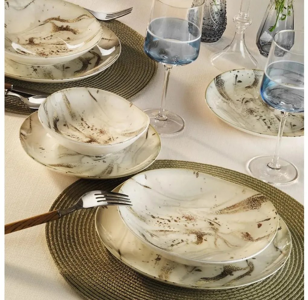Zestaw obiadowy 24-częściowy, biały/brązowy, porcelana
