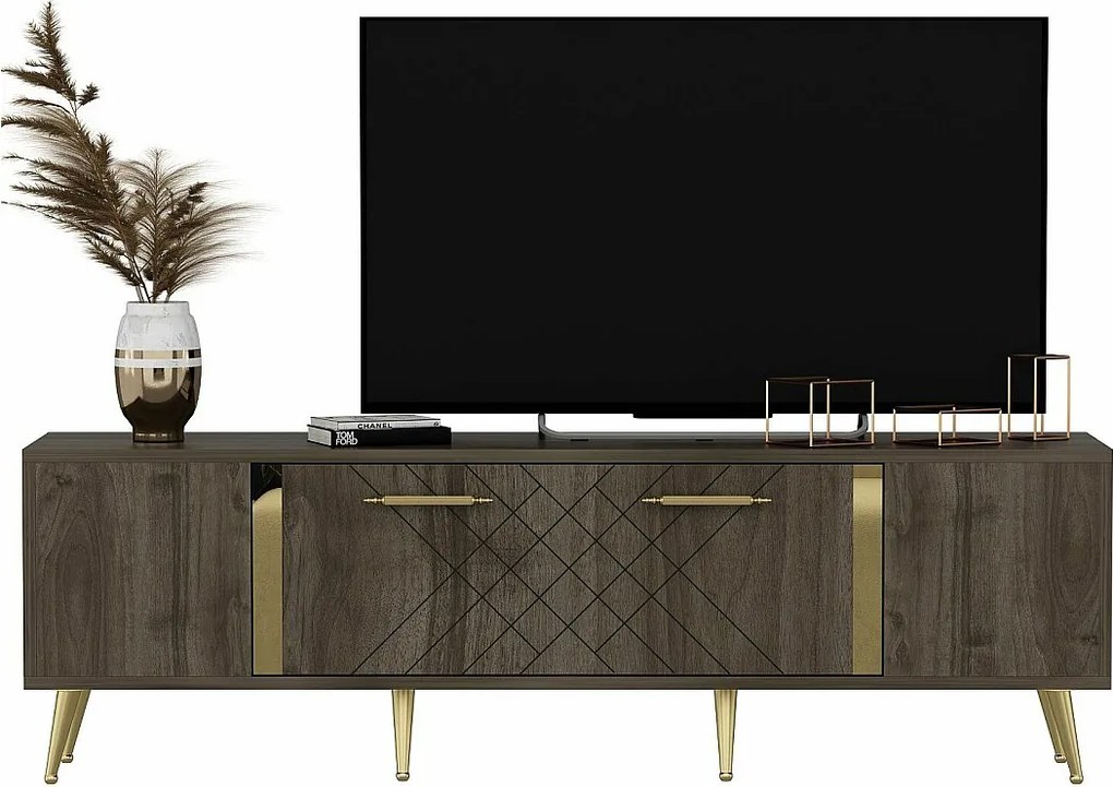 Nowoczesna szafka pod telewizor – 150 cm x 48,2 cm x 35 cm – orzech i złoto – melamina