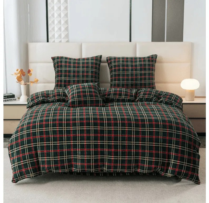 PrzytulneMieszkanie.pl PrzytulneMieszkanie.pl PrzytulneMieszkanie.pl Zestaw pościeli z mikropluszu GLENMOORE zielone + prześcieradło z mikropluszu SOFT 90x200 cm białe, pojedyncze łóżko