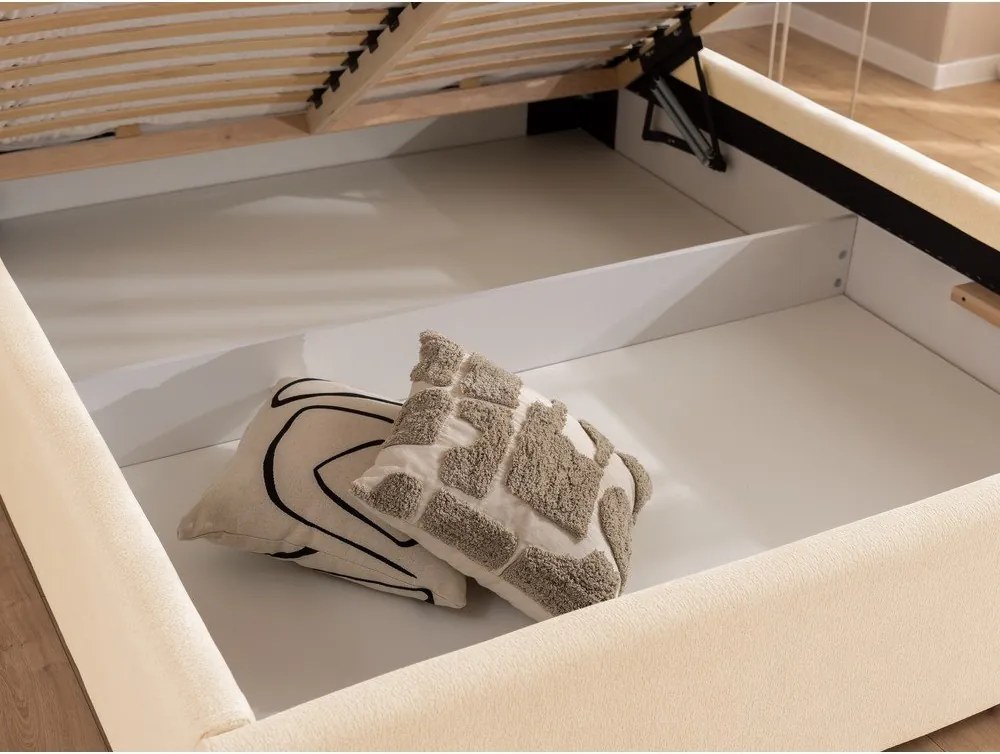 Kremowe tapicerowane łóżko dwuosobowe ze schowkiem i stelażem 180x200 cm Cille – Ropez