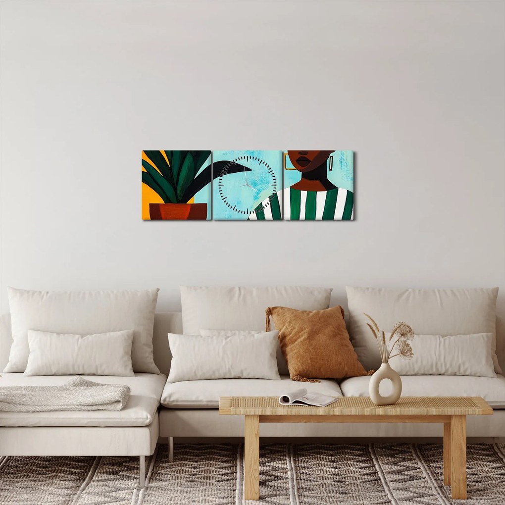 Obraz - Kobieta z kwiatem (z zegarem) (90x30 cm)
