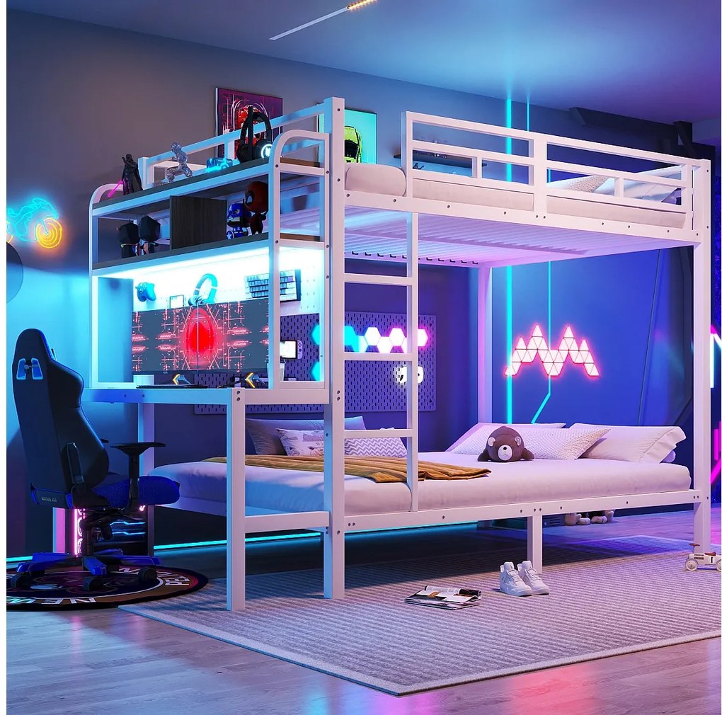 Łóżko piętrowe dla dzieci - 2 x 140 x 200 cm - rama żeliwna - z biurkiem + diody LED + port USB + półka - metalowe - białe