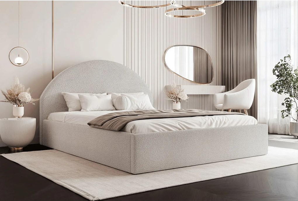 BESILIO Łóżko tapicerowane Boucle 180x200 Velora - stelaż listwowy, wezgłowie, pojemnik, łóżko slim - Beżowy