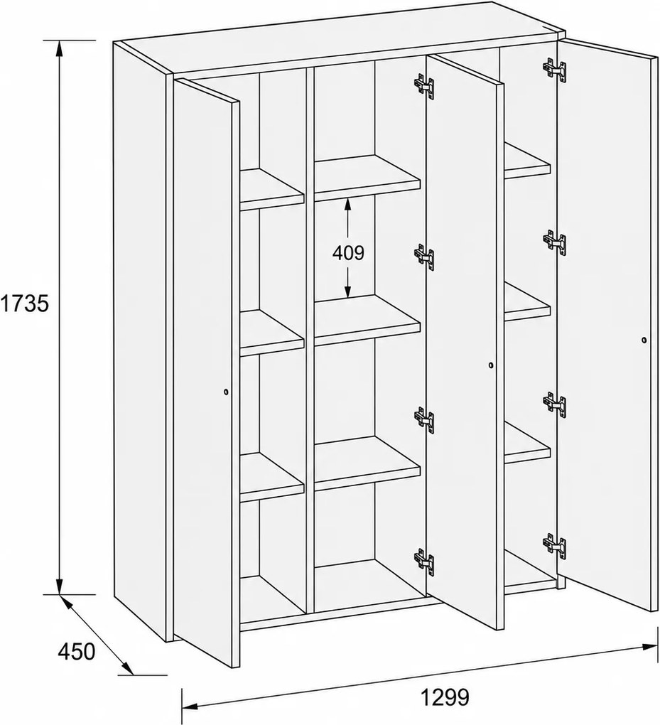 Szafka biurowa FRAME, 3x drzwi, 1299 x 450 x 1735 mm, PUSH-lock, orzech