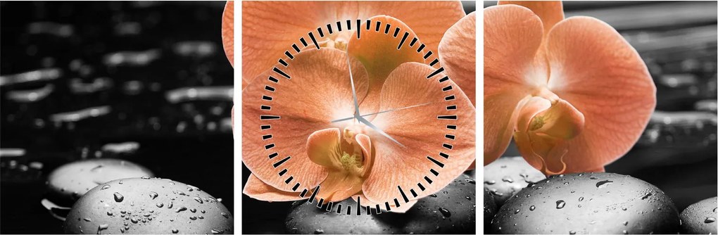 Obraz - Pomarańczowe orchidee (z zegarem) (90x30 cm)