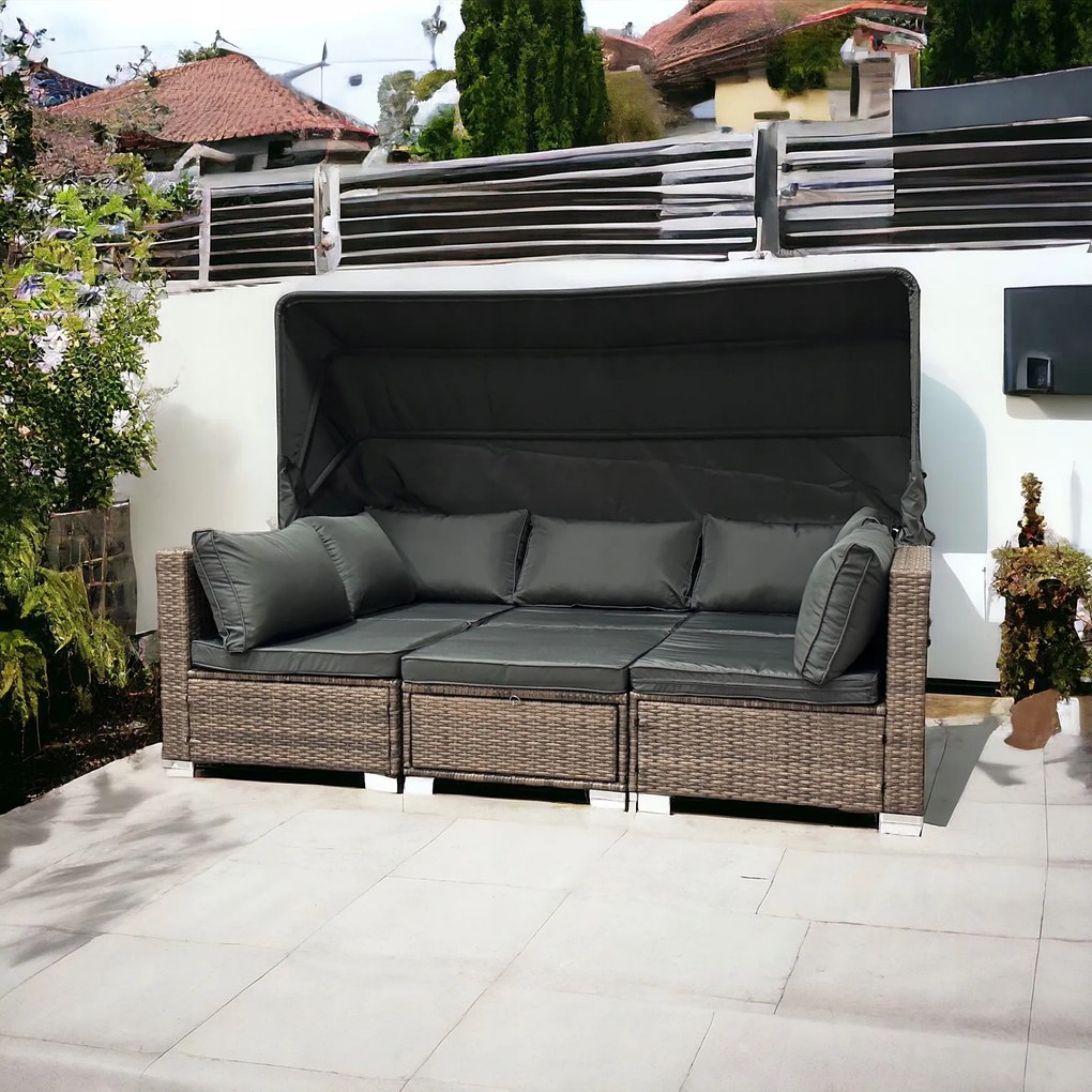 Wielofunkcyjny zestaw mebli ogrodowych - narożnik, leżanka z daszkiem Galicja 101 jasny brąz, poduszki szare