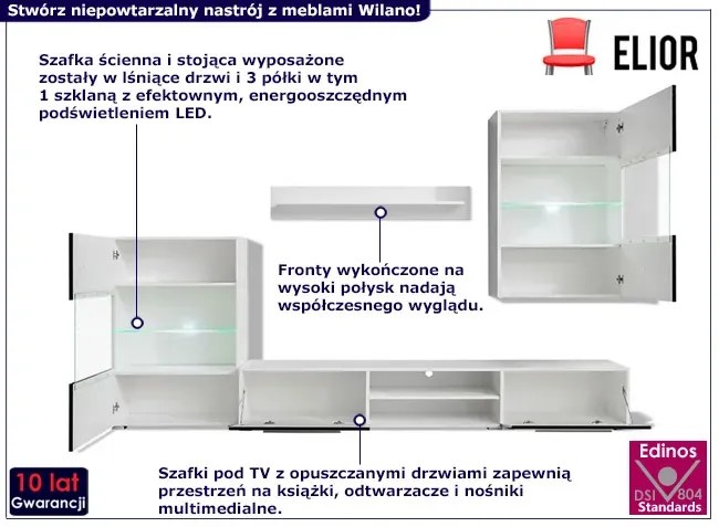 Nowoczesny zestaw mebli do salonu z podświetleniem LED czarny połysk - Falkos