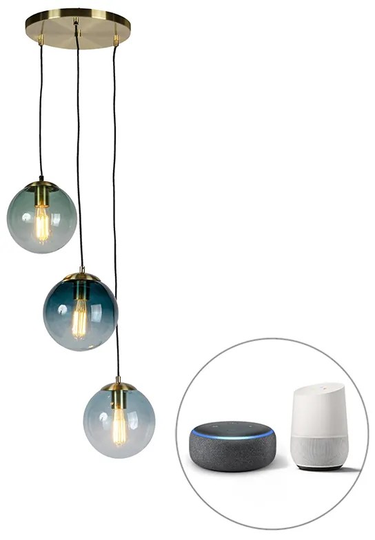 Inteligentna lampa wisząca mosiądz z 3 WiFi ST64 z niebieskim szkłem - Pallon ArtDeco Oswietlenie wewnetrzne