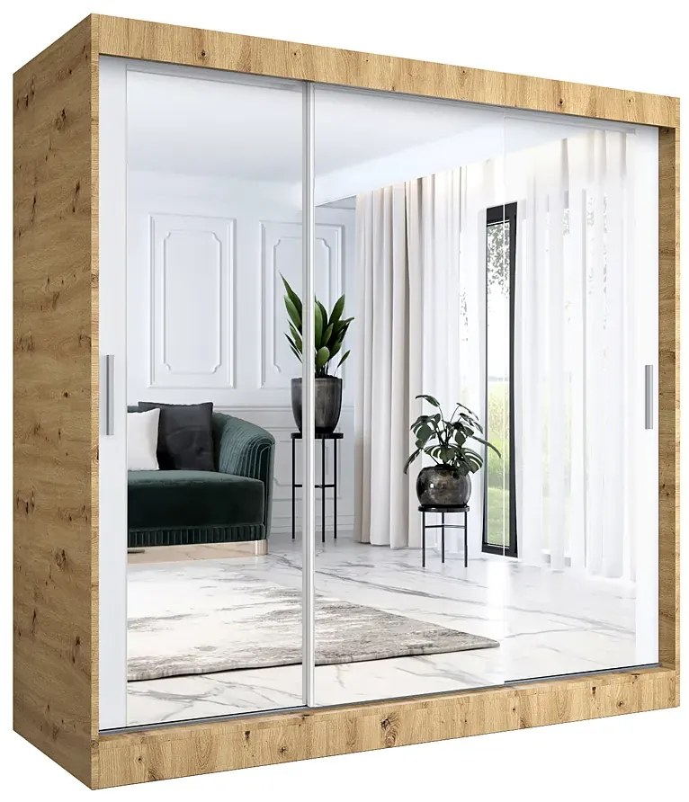 Szafa przesuwna z lustrem dąb artisan + biały 200 cm - Kukkin 6X