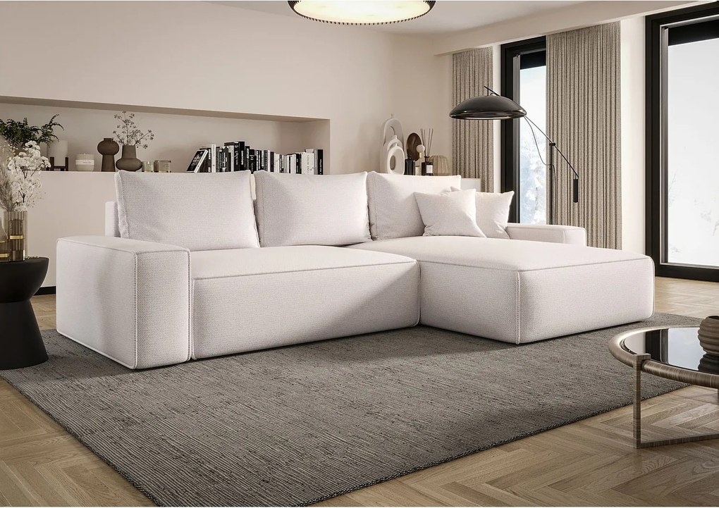 Narożnik MONA z funkcją spania ARAGON 01 biały prawy sofa w kształcie litery L z pojemnikiem na pościel sofa do salonu kanapa sofa rozkładana kanapa z pojemnikiem