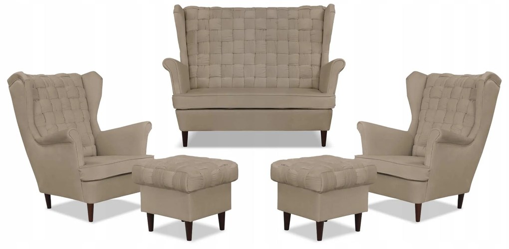 Zestaw wypoczynkowy Carol sofa fotele pufy paski Family Meble beżowy