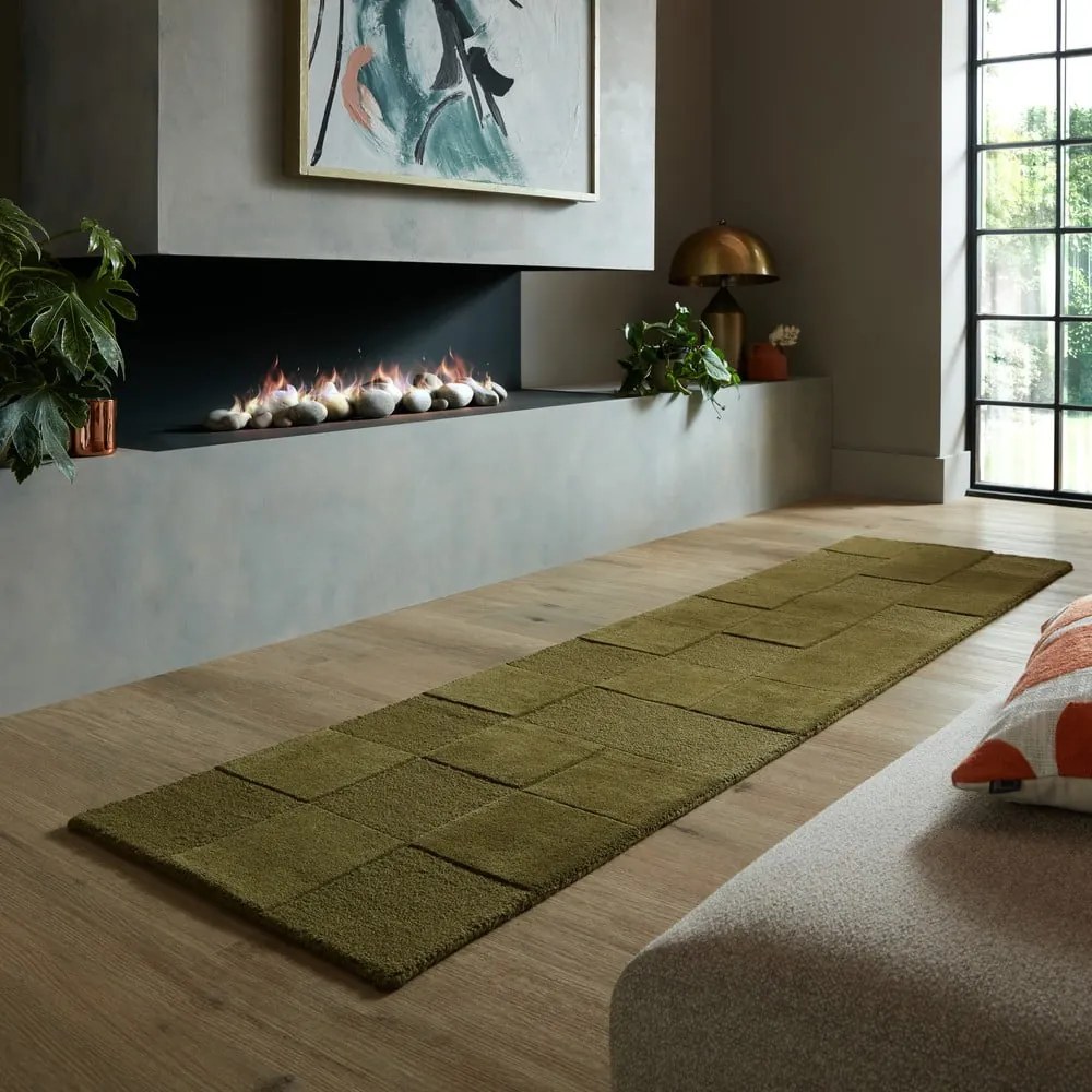 Wełniany chodnik tkany ręcznie w kolorze khaki 60x230 cm Checkerboard – Flair Rugs