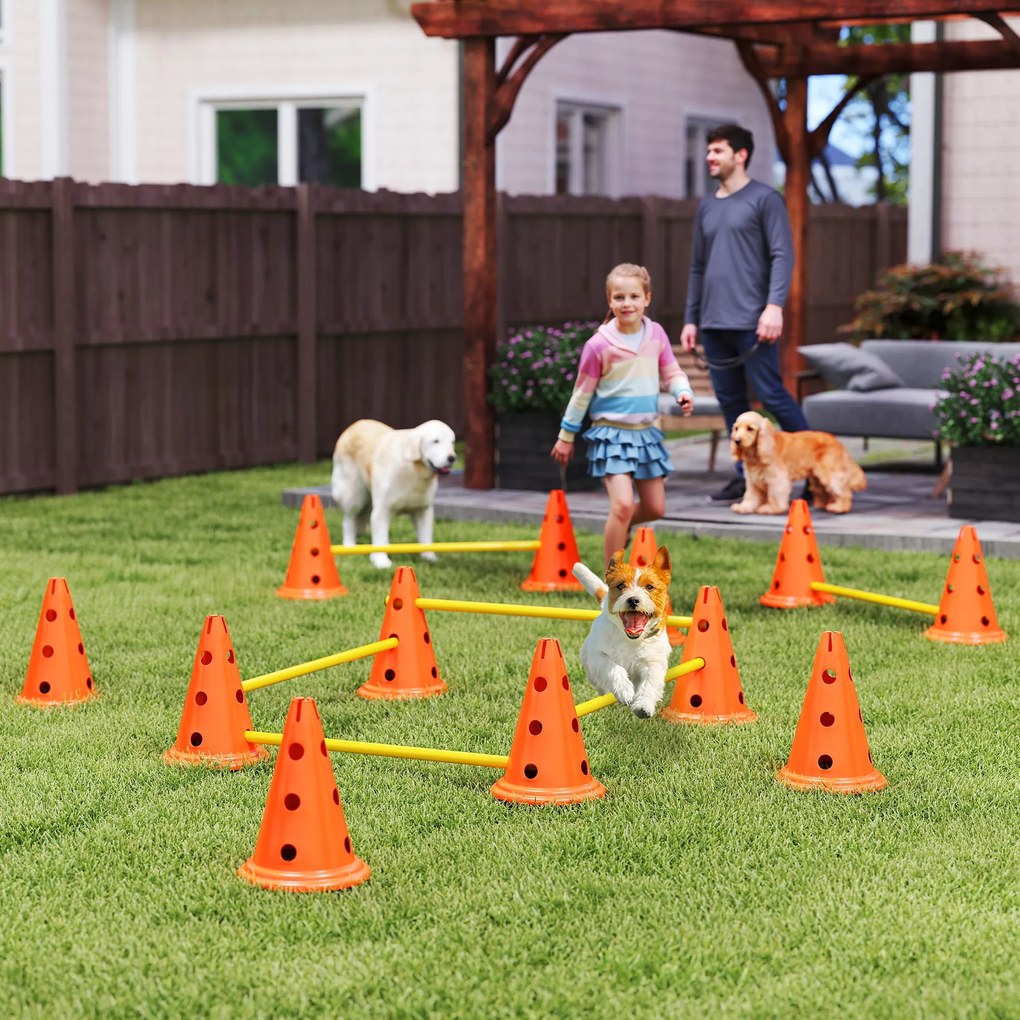 PawHut Zestaw Agility dla Psów 6-częściowy, Zestaw do Treningu z 12 Stożkami 6 Przeszkodami Torba