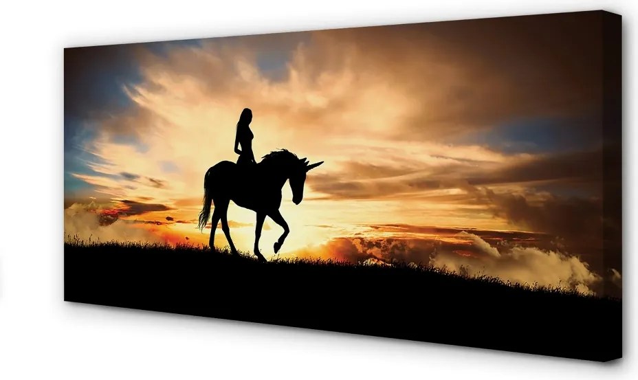 Obraz na płótnie Kobieta na Jednorożcu o Zachodzie Słońca