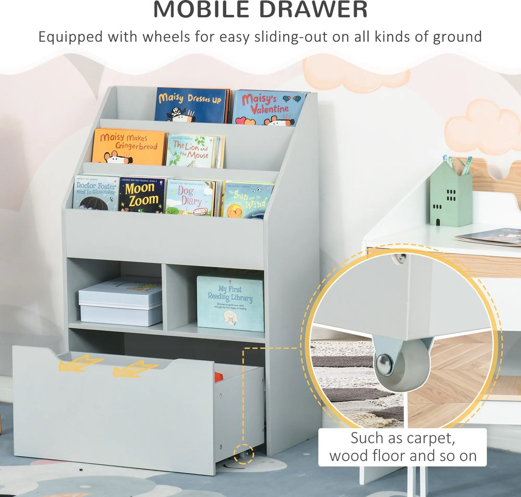 HOMCOM Regał Dziecięcy z Szufladą, Regał na Książki z Przegrodami, 60 x 29,9 x 90 cm, Szary