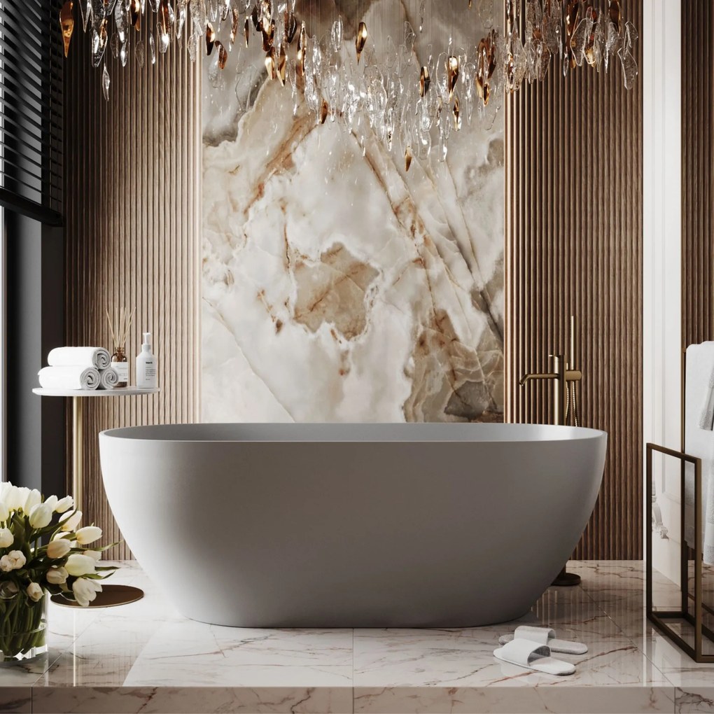 Wanna wolnostojąca owalna z konglomeratu 160 x 75 cm RONA White mat / połysk przelew typu SLIM cienki rant : Kolor wanny - Szary matowy