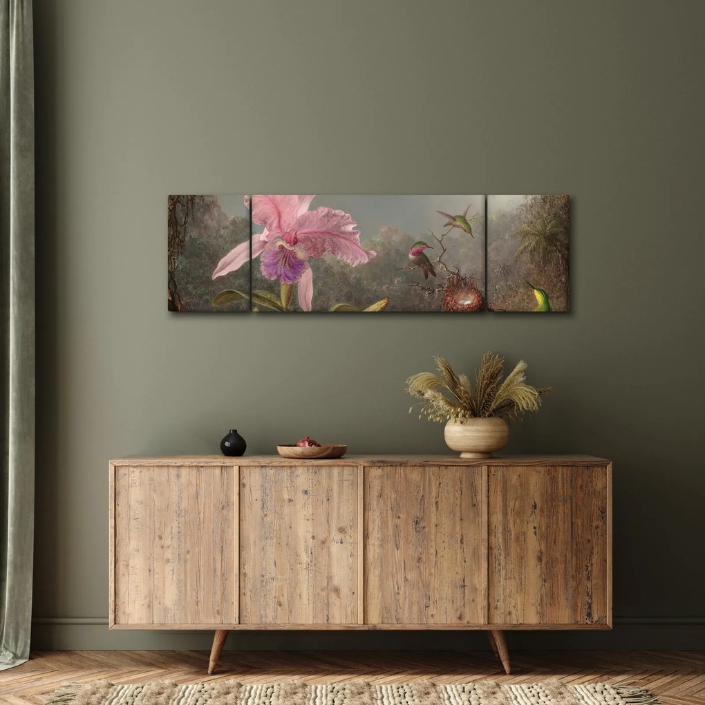 Obraz - Martin Johnson Heade, Cattleya Orchid and Three Hummingbirds, reprodukcje (170x50 cm)