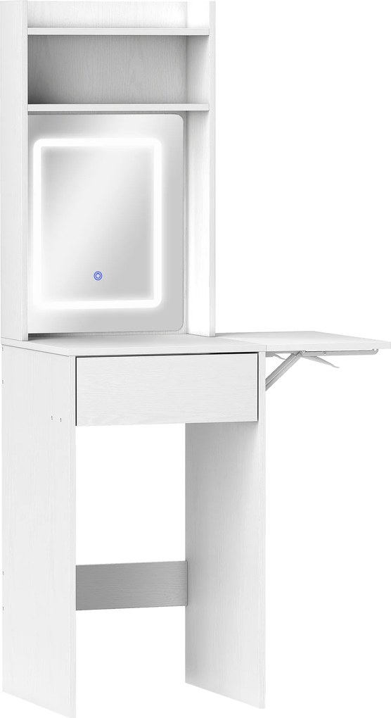 HOMCOM Kompaktowa toaletka z lustrem i oświetleniem LED, składany blat, otwarte półki, szuflada, MDF, Biała