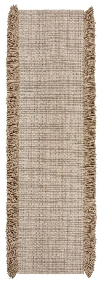 Beżowy chodnik z mieszanki wełny tkany ręcznie 60x230 cm Rene Fringed Ribbed – Flair Rugs