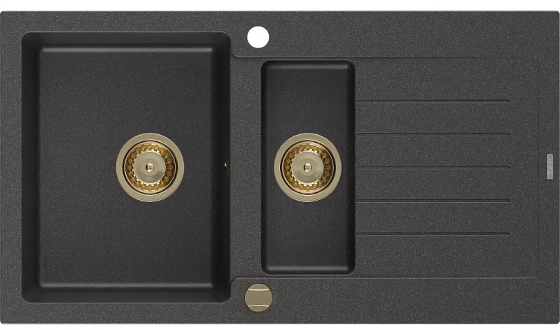Mexen Matias zlewozmywak granitowy 1,5-komorowy z ociekaczem 900 x 505 mm, czarny nakrapiany, syfon złoty - 6502901505-76-G