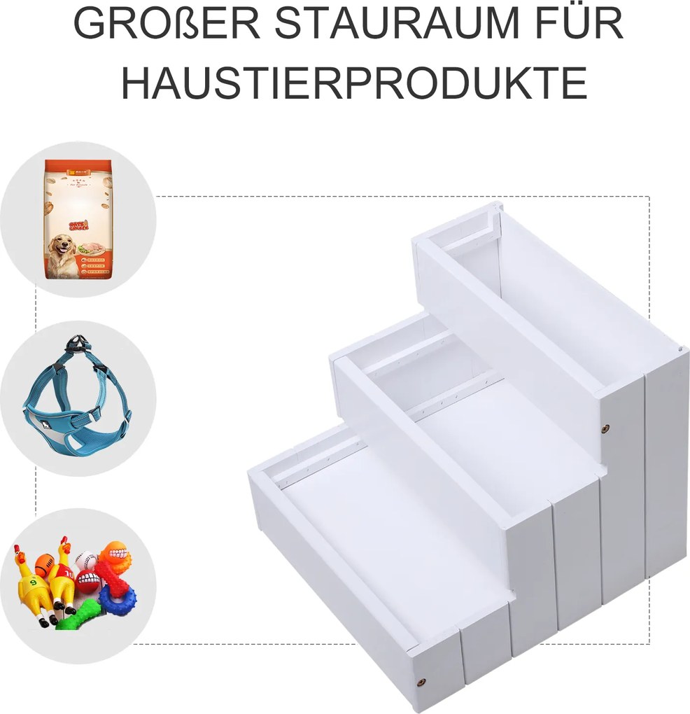 PawHut Schody dla Zwierząt Domowych z Wykładziną Dywanową Schowek Drewno Sosnowe Biały | Aosom PL