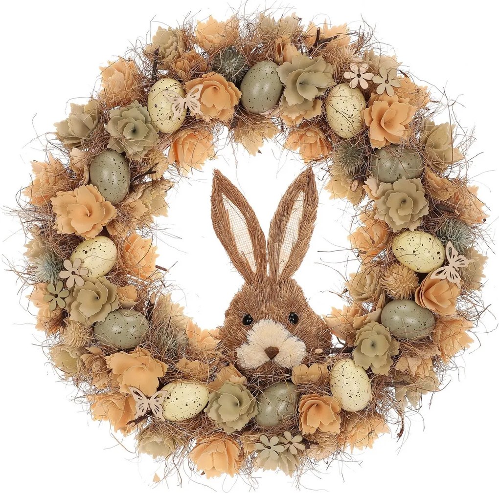 Wieniec wielkanocny Brązowy zając z kwiatami i jajkami, śr. 45 cm, 45 x 45 x 9 cm