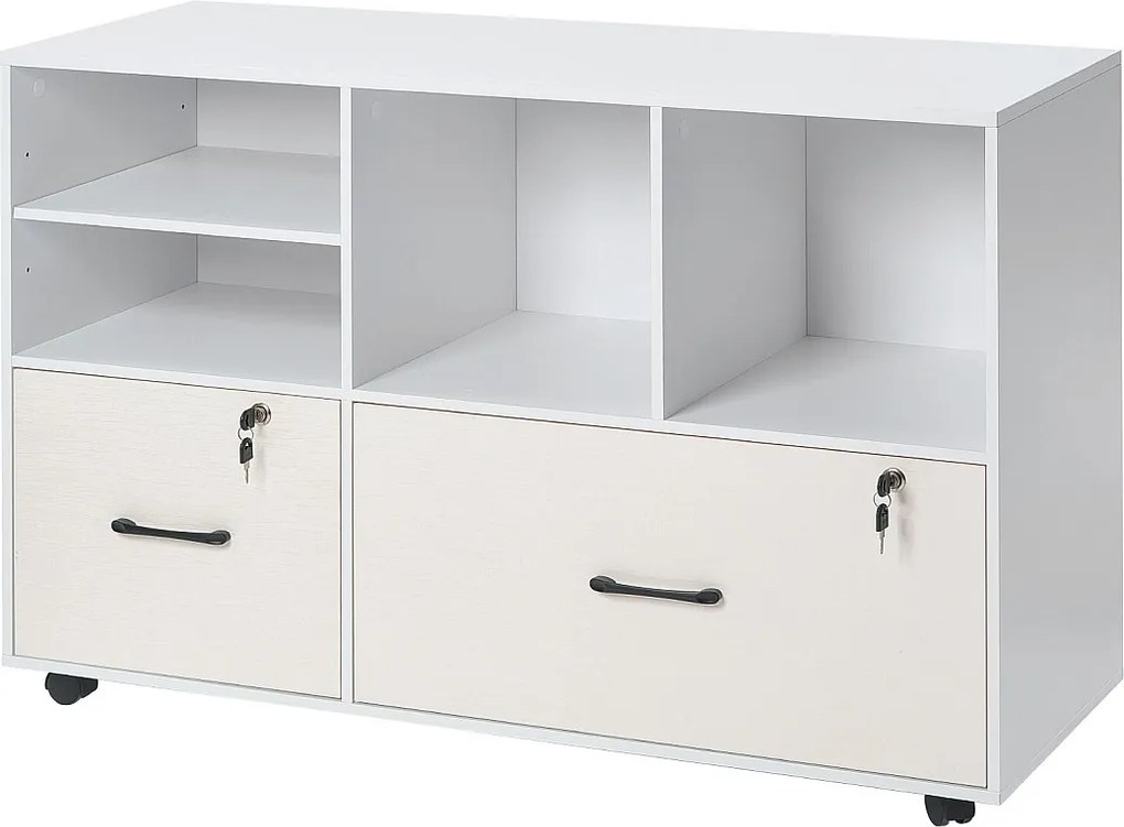 Ruchomy Regał na Dokumenty SucceBuy z Drewna, Mebel Biurowy z 2 Szufladami, Otwartymi i Regulowanymi Półkami, Zamykany na Klucz, do Biura, Biały