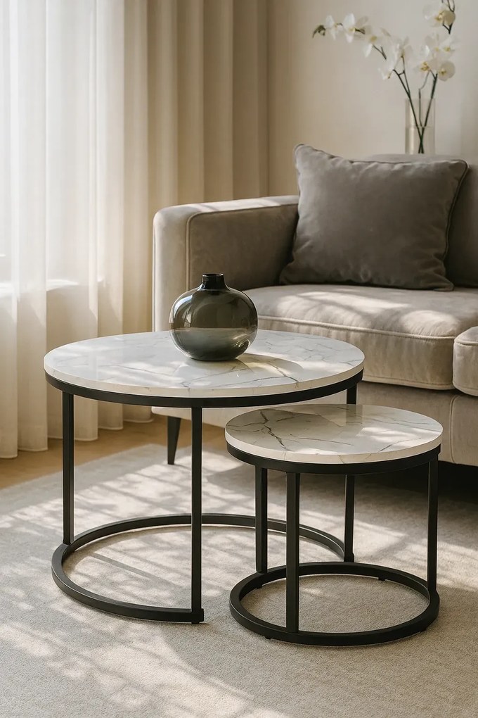 Zestaw okrągłych stolików biały kawowych marmur T5-B45