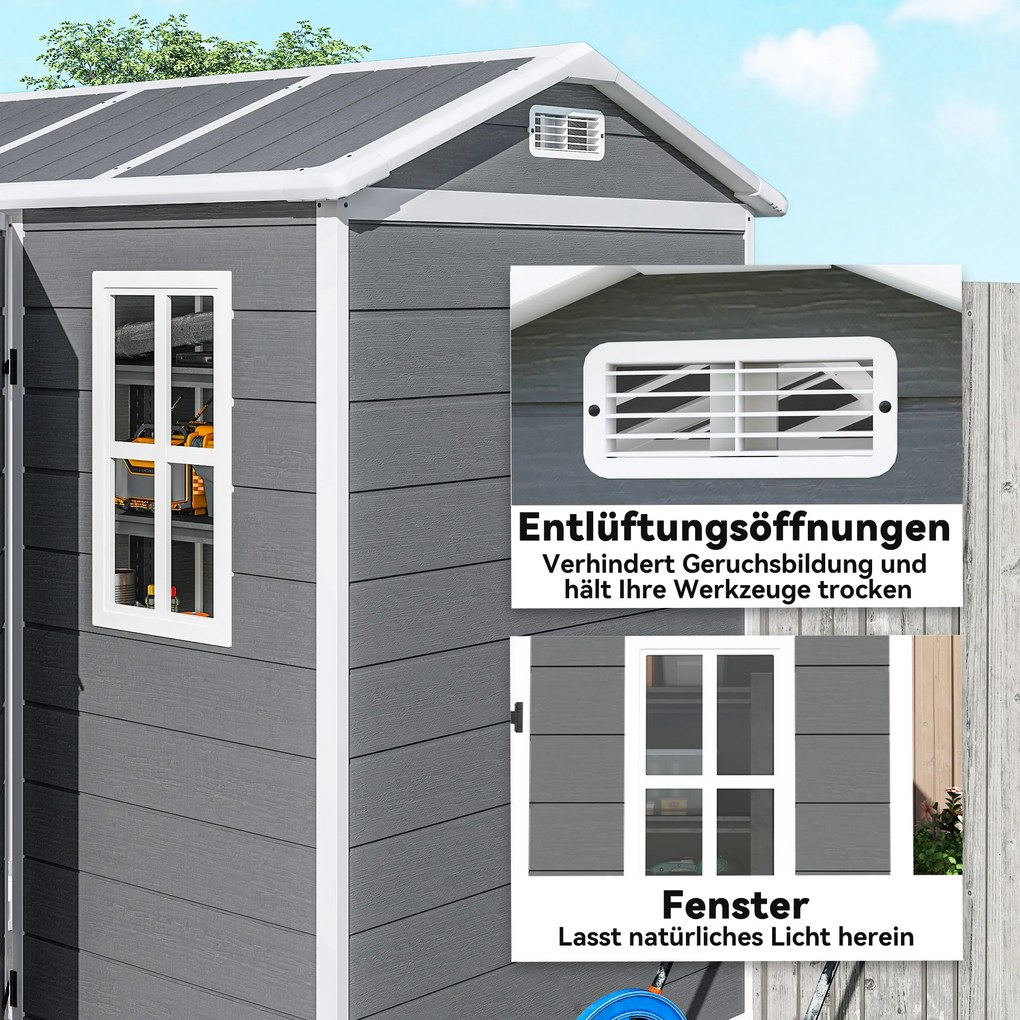Outsunny Domek ogrodowy, Schowek z podłogą, oknem, zamkiem, z żywicy polipropylenowej, odporny na warunki atmosferyczne, Szary