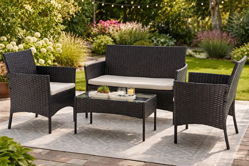 Mały zestaw mebli ogrodowych technorattan Missisipi, czarny/beżowy