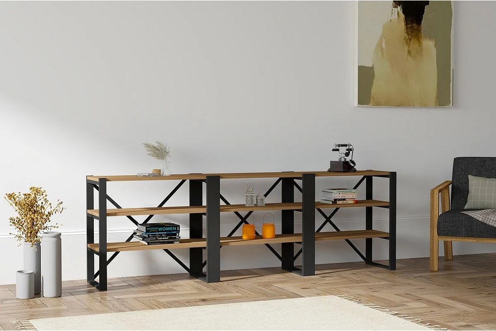 Komoda przemysłowa – 210 x 58,5 x 32 cm – Orzech i czerń – Płyta wiórowa z powłoką melaminową