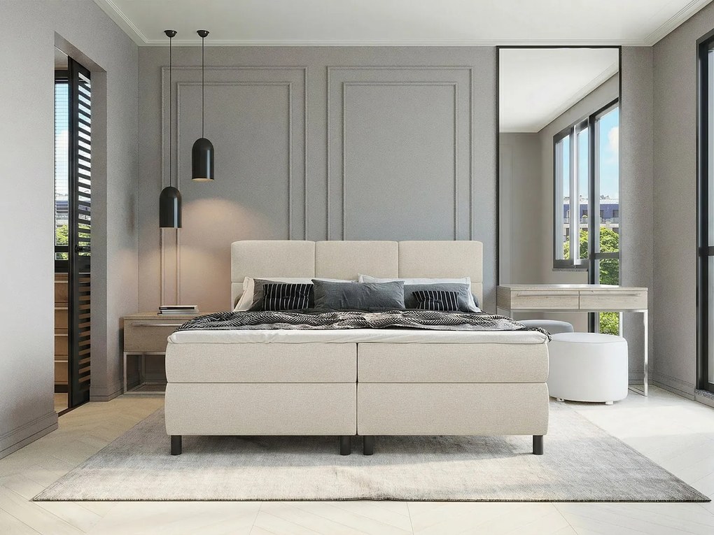 Kompletny zestaw boxspring z pikowanym zagłówkiem + stelaże + materac + materac nawierzchniowy - 2 x 90 x 200 cm - Tkanina - Beżowy - LODI od PALACIO