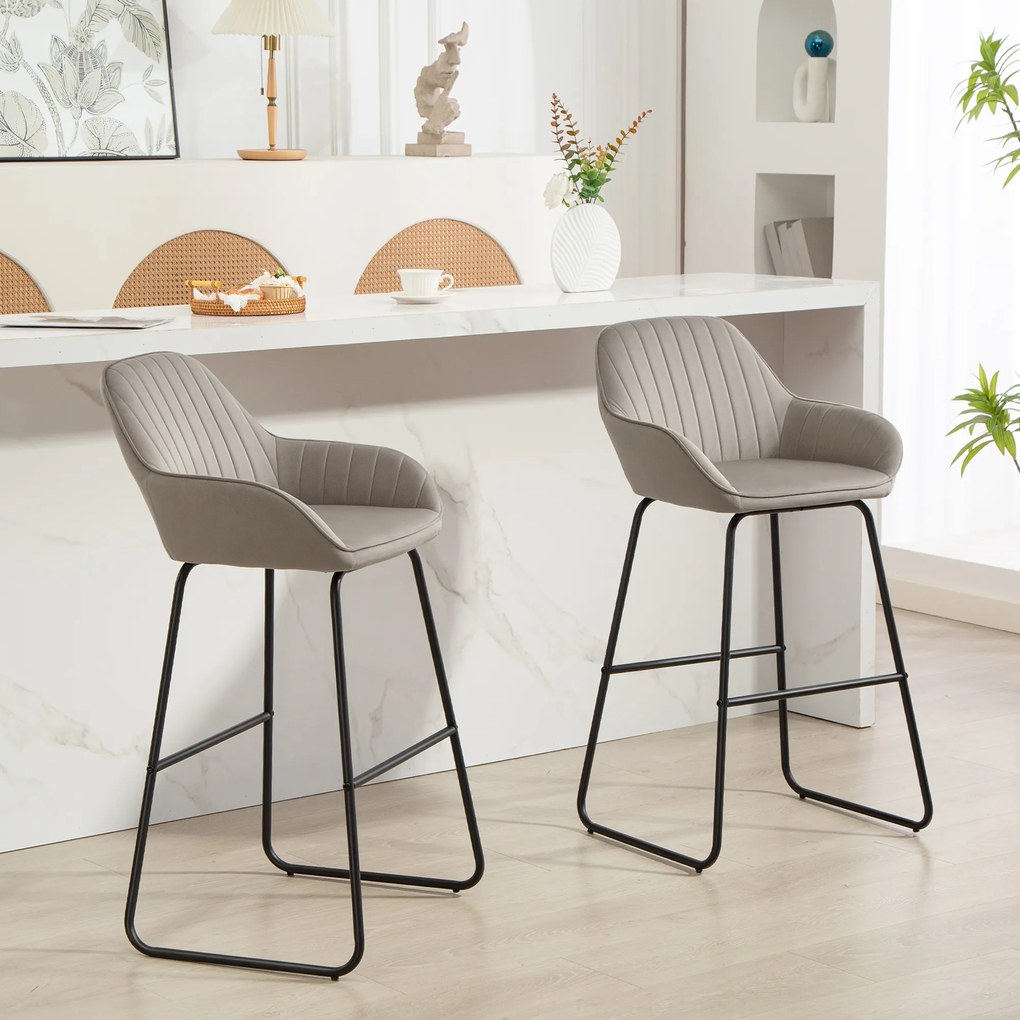 HOMCOM Zestaw 2 Barowych Stołków z Materiałowym Pokryciem i Piankowym Wypełnieniem, Krzesła Barowe z Metalowymi Nogami, Szare