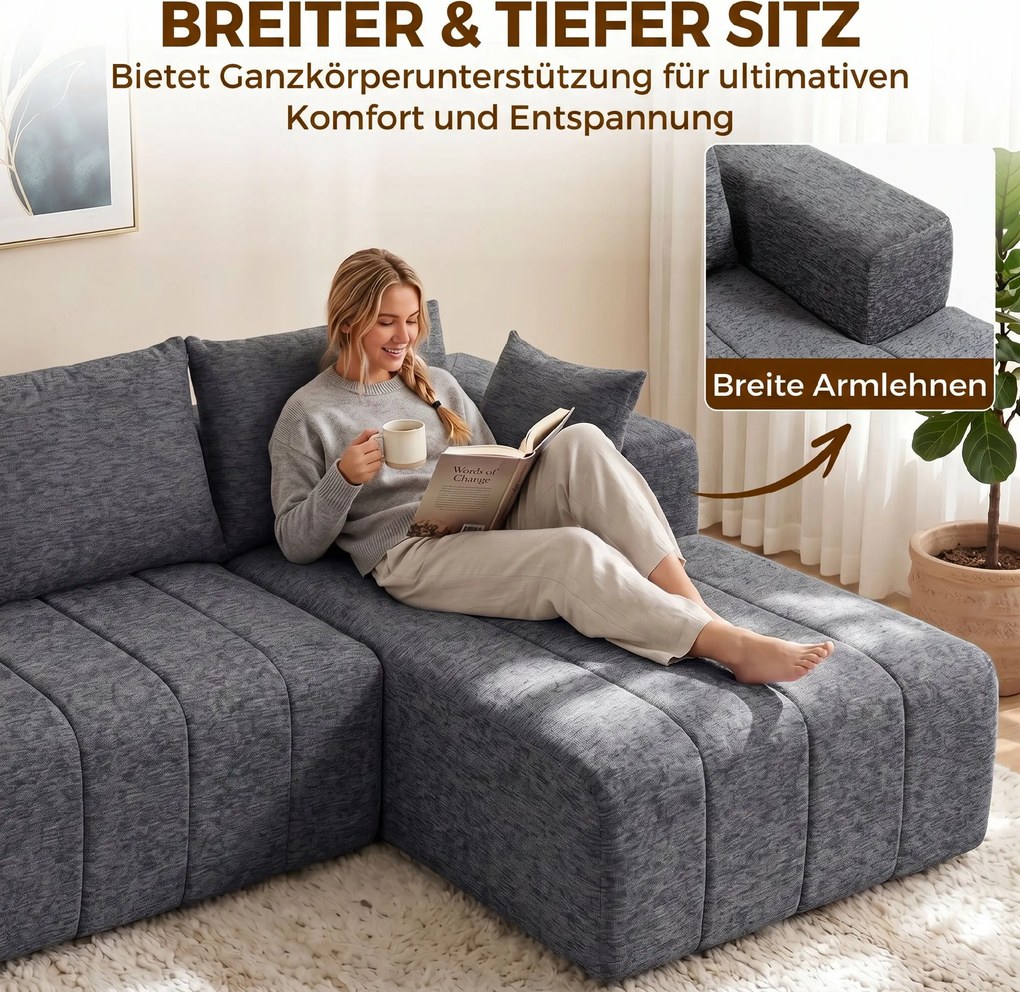 HOMCOM 3-osobowy narożnik w kształcie L z otomaną, przekształcalna sofa Chenille-Cloud z wkładem sprężynowym, szary | Aosom PL