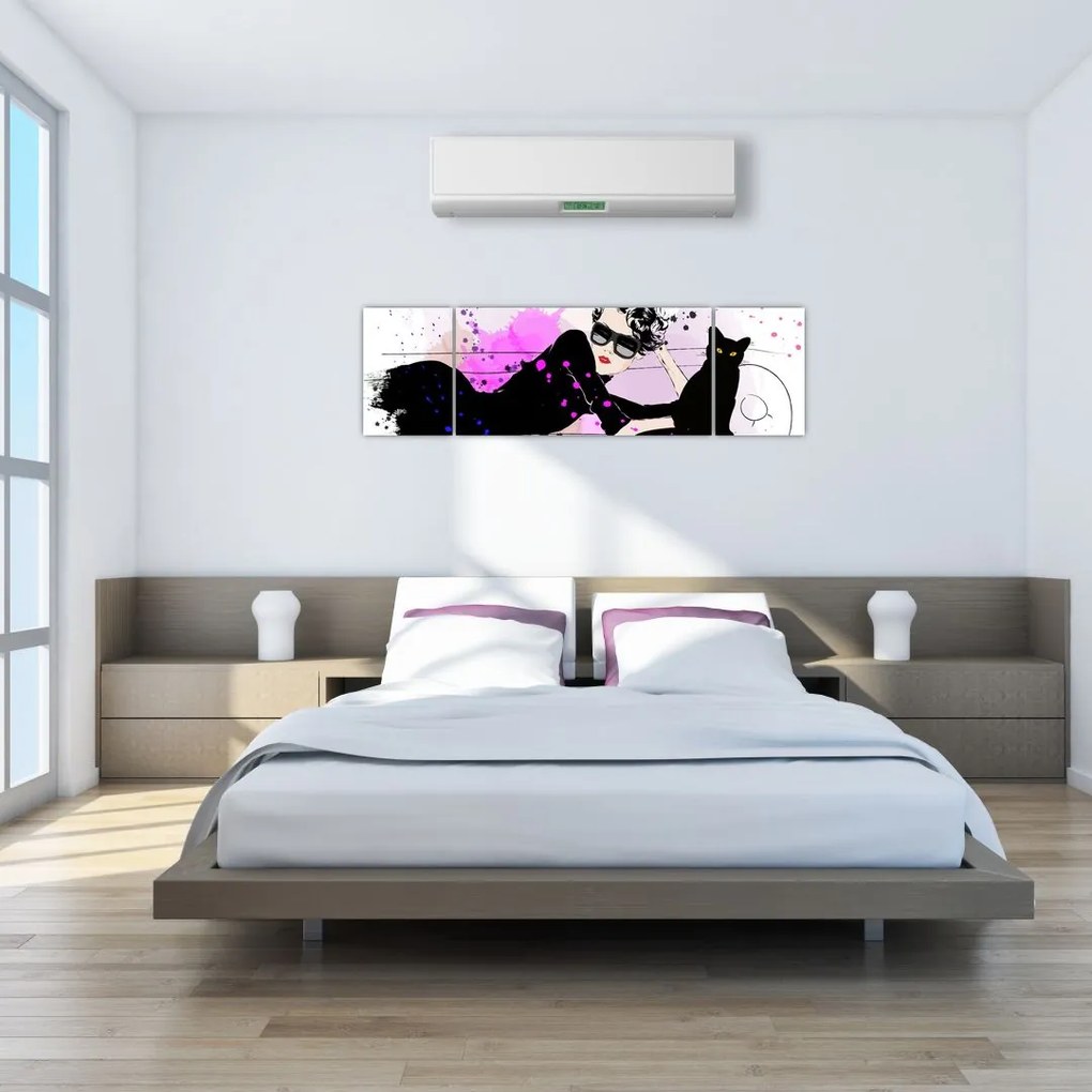 Obraz - Kobieta z czarnym kotem (170x50 cm)