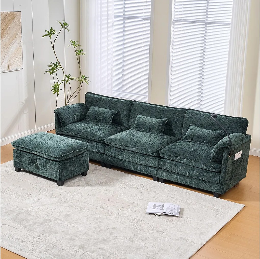 Sofa 3-osobowa z pufem - Narożnik z uchwytem na telefon i kieszeniami bocznymi - Szmaragdowo zielony szenil