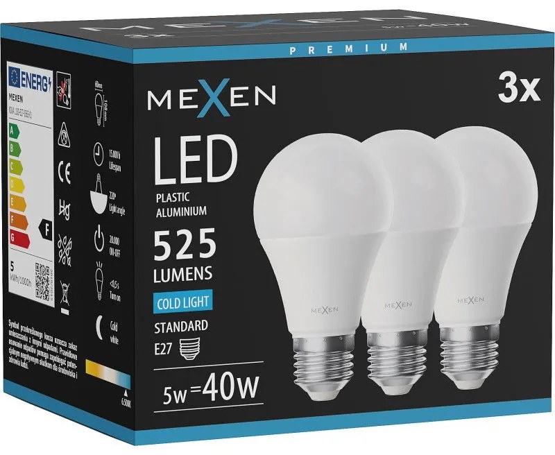 Mexen Nova 3x żarówka LED E27, A60, 5W, Zimna - 6500K, 525 lm - L100-E27-0565-01x03