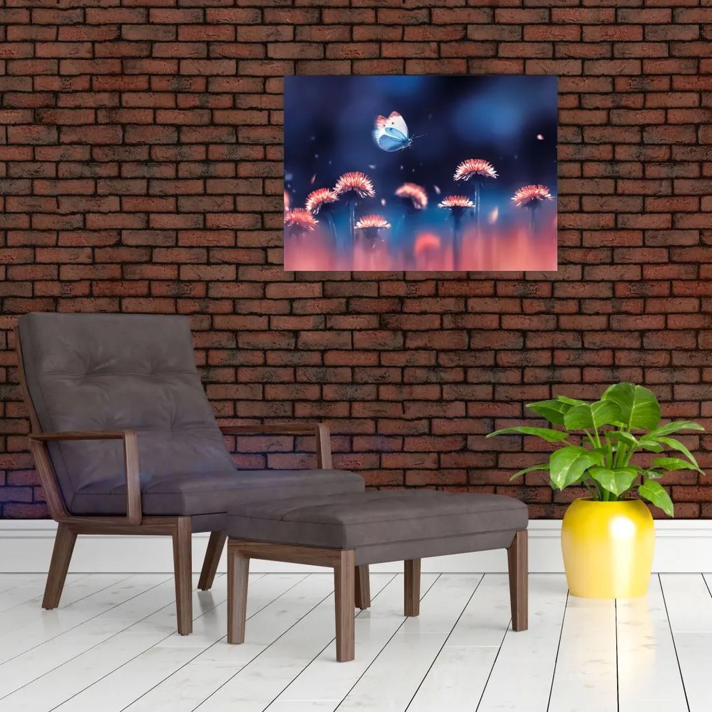 Obraz na szkle dmuchawca z niebieskim motylem (70x50 cm)